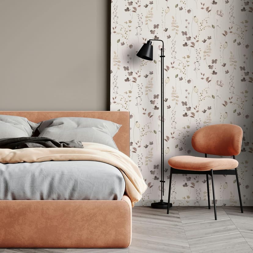 Papel pintado no tejido hojas, ramas naturaleza floral mate en beige