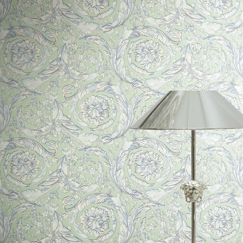 Versace Papel pintado no tejido Barocco Neo clásico zarcillos floral verde azul blanco elegante