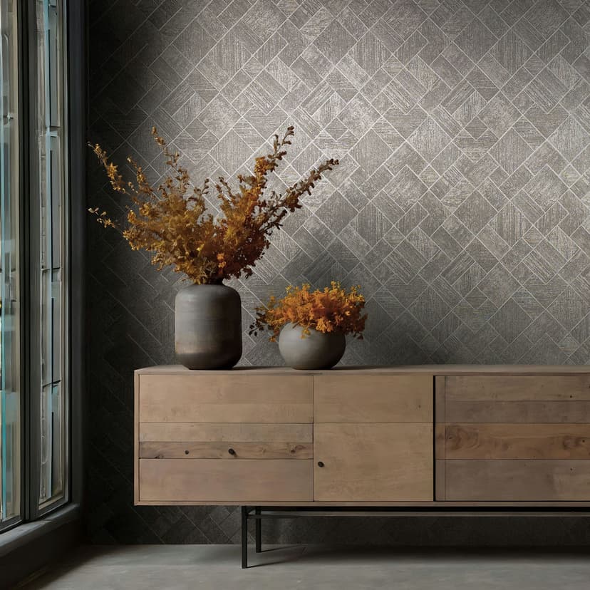 Papel pintado no tejido de color plata, gris a cuadros, rombos gráficos geométricos