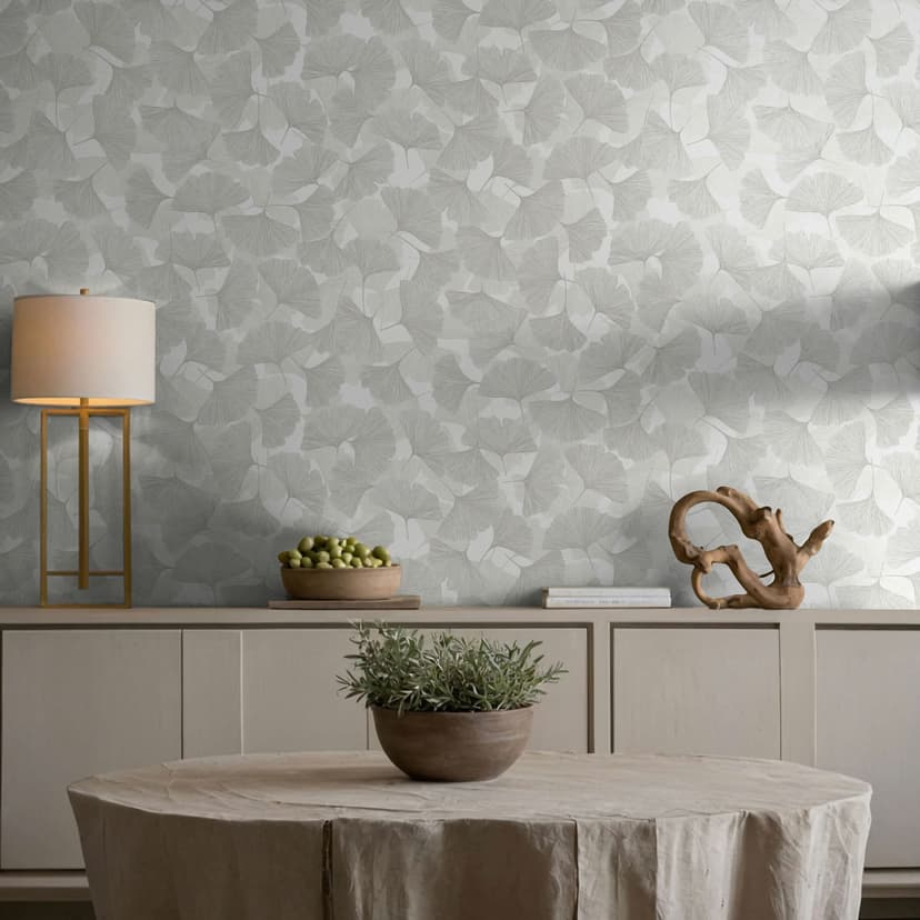 Papel pintado no tejido 3D, hojas naturaleza floral mate en gris blanco