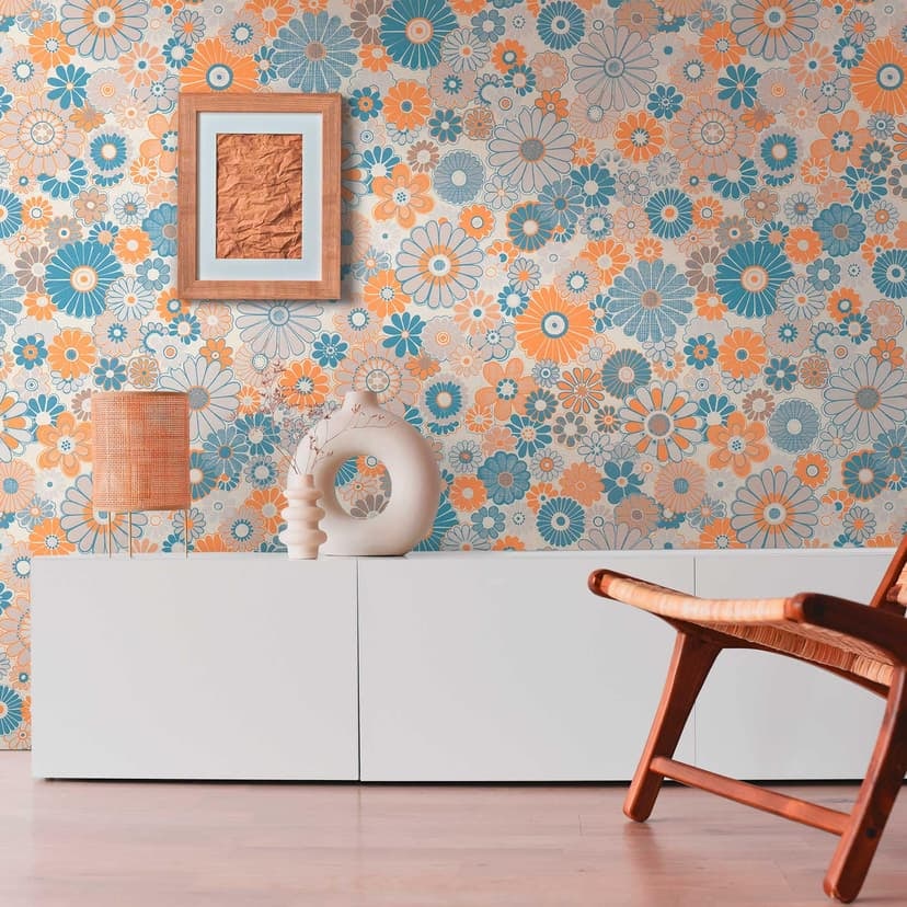 Papel pintado floral vintage azul naranja - papel pintado floral en estilo retro - papel pintado no tejido