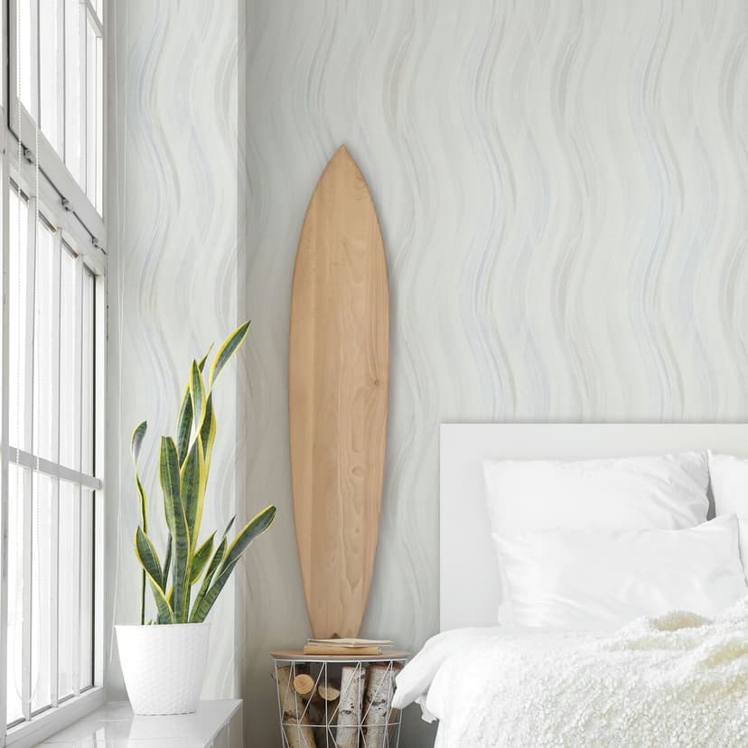 Papel pintado no tejido ondas, rayas gráfico moderno mate en blanco grisáceo
