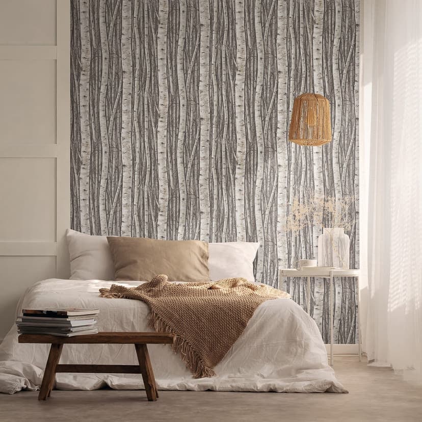 Papel pintado no tejido con bosques y hayas gris, marrón floral