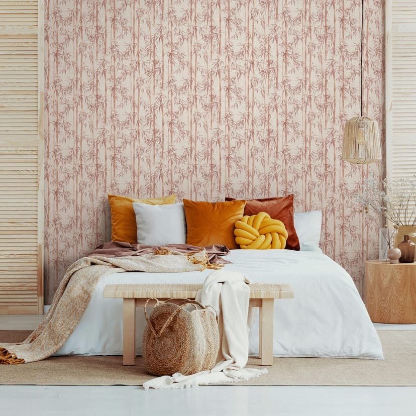Papel pintado no tejido de color beige, naranja hojas de bambú naturaleza floral