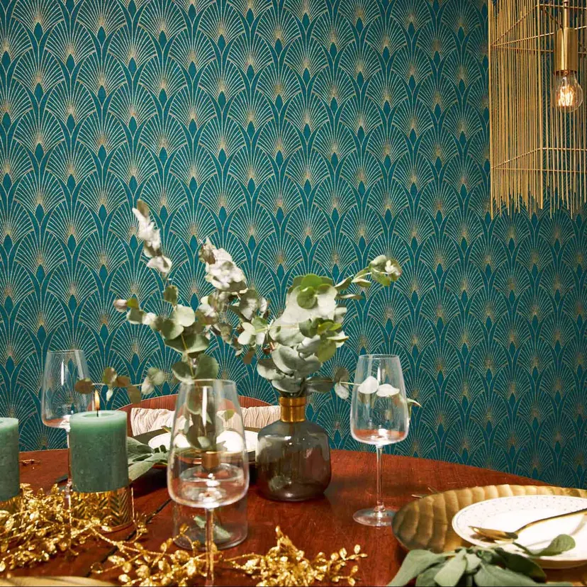 Papel pintado tejido-no tejido Livingwalls Papel pintado New Walls 50's Glam Art Deco azul, verde, m