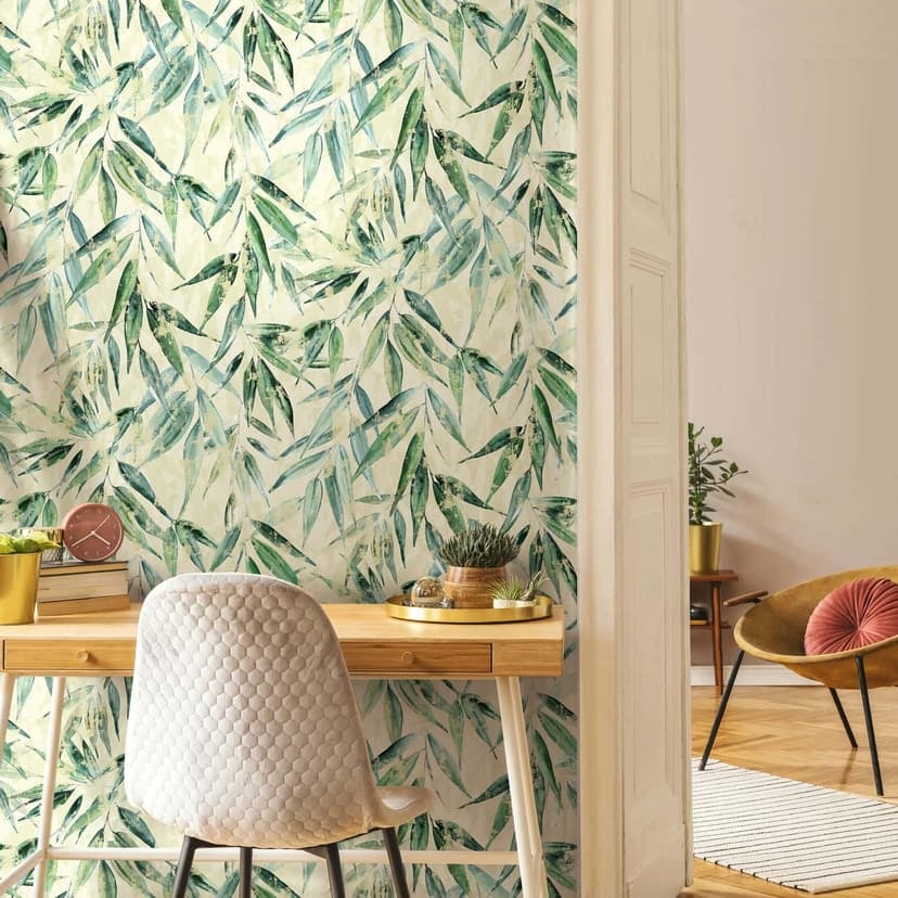 Papel pintado no tejido hojas naturaleza floral mate en amarillo