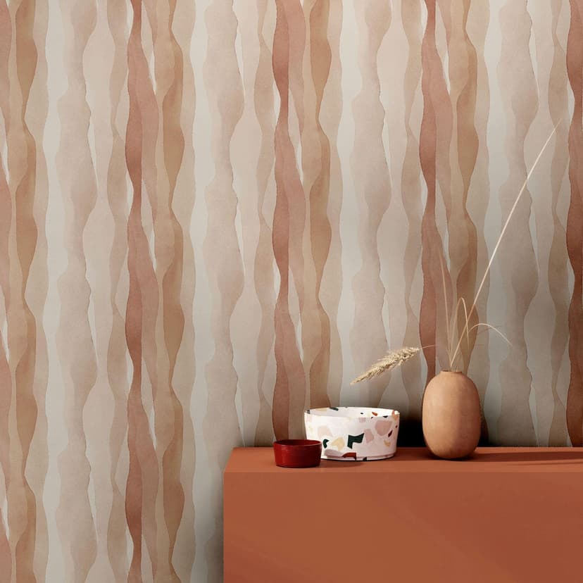 Papel pintado no tejido de rayas abstractas beige de aspecto gráfico moderno