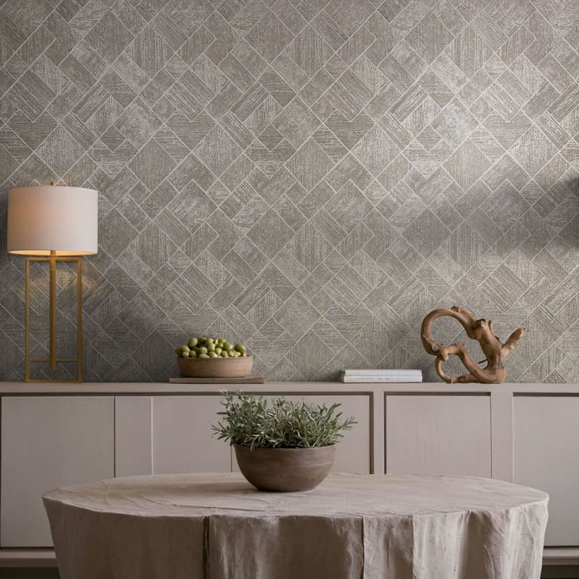 Papel pintado no tejido de color gris, beige a cuadros, rombos gráficos geométricos