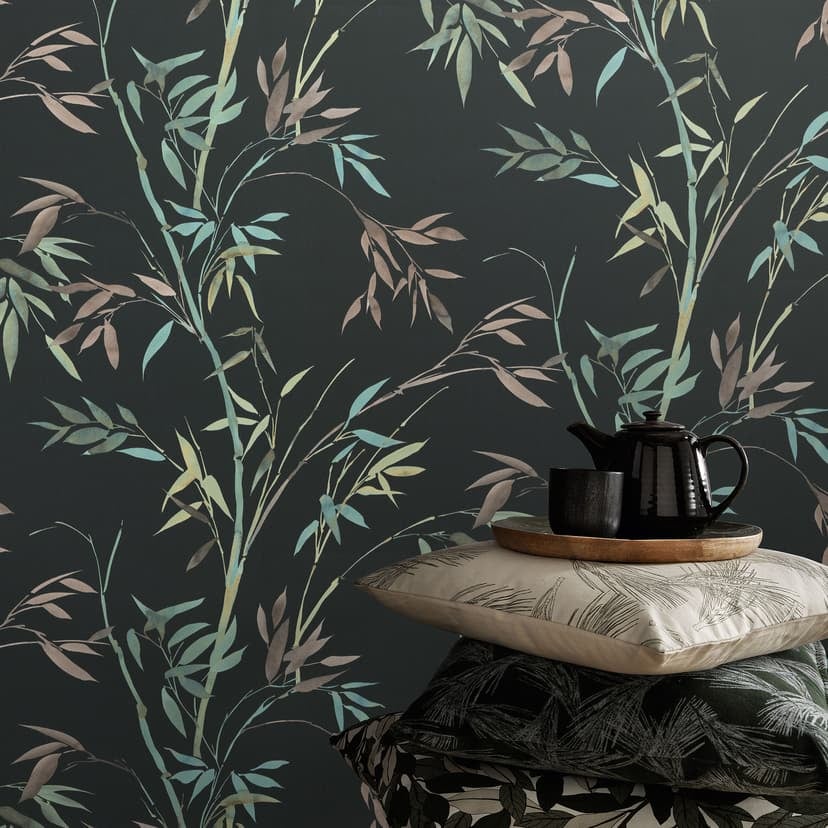 Papel pintado enredadera, papel pintado bambú, papel pintado no tejido Erismann Martinique negro