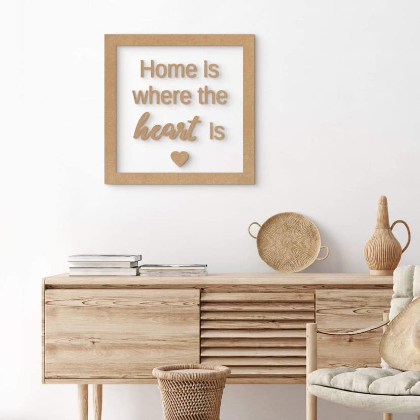 Letra decorativa con marco - El hogar es donde está el corazón - MDF naturaleza