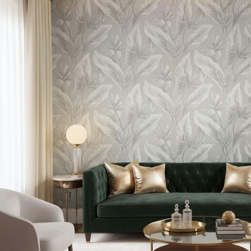 Papel pintado no tejido flores, hojas naturaleza floral en gris