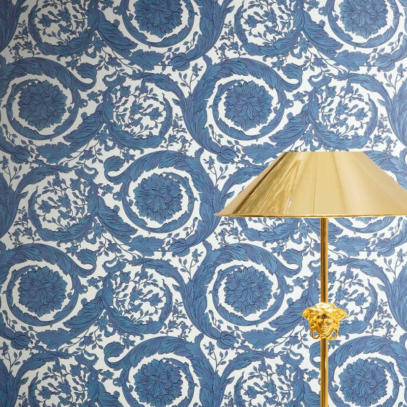 Versace Papel pintado no tejido Barocco neoclásico floral con arabescos azul blanco elegante