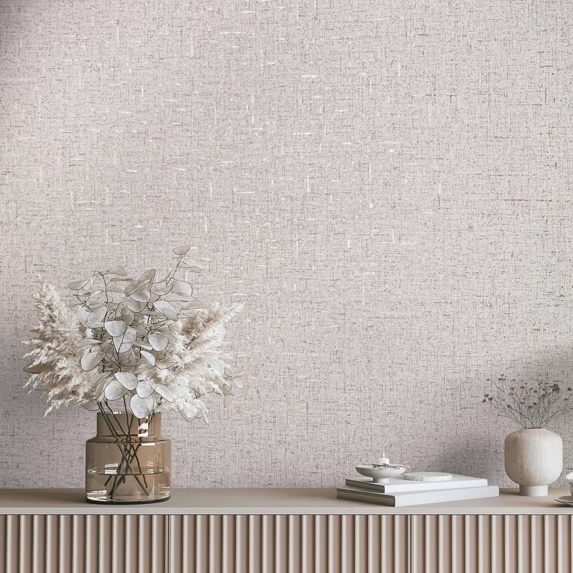Papel pintado no tejido con textura lisa ligeramente brillante de color beige y gris