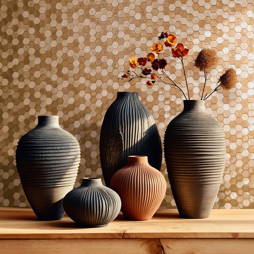 Papel pintado no tejido hexagonal, aspecto de azulejo metálico moderno, geométrico brillante en cobre