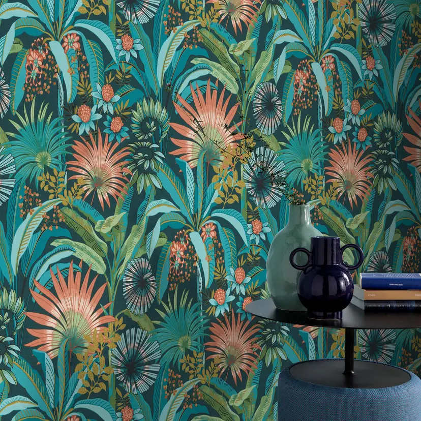 Papel pintado floral, papel pintado no tejido Erismann Martinique turquesa