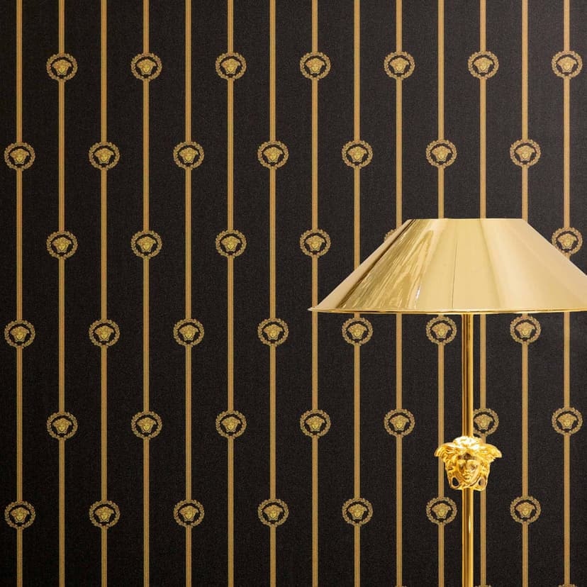 Versace Papel pintado no tejido I Love Baroque stripes Medusa negro oro lujoso