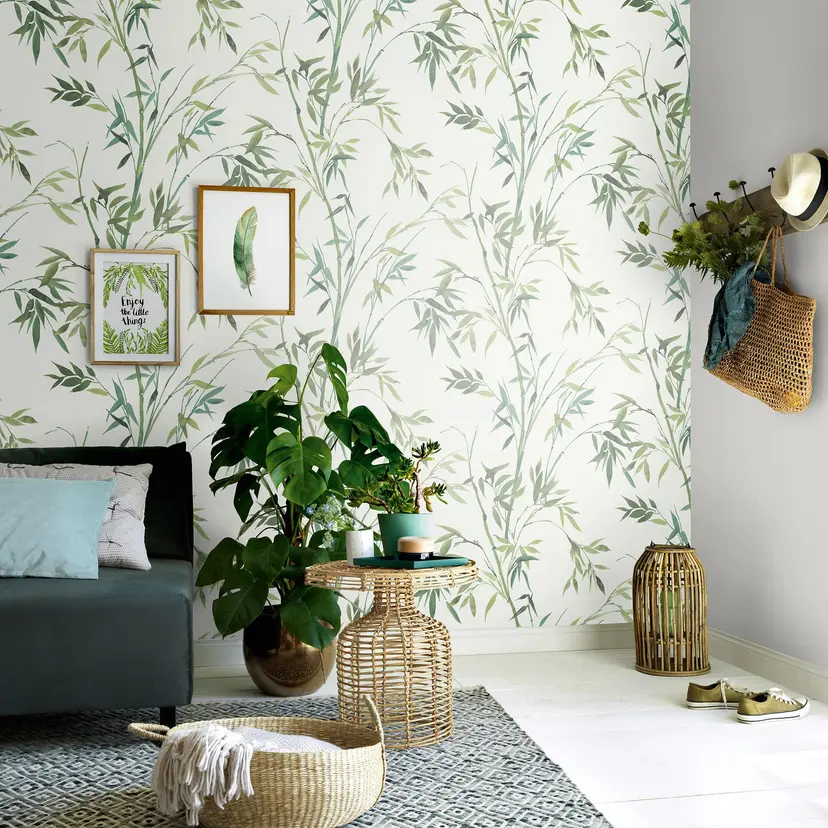 Papel pintado enredadera, papel pintado bambú, papel pintado no tejido Erismann Martinique verde
