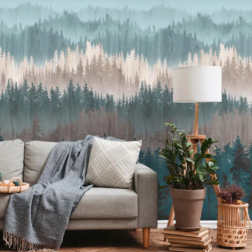 Fotomural naturaleza bosque azul beige papel pintado árboles moderno para cocina, sala de estar