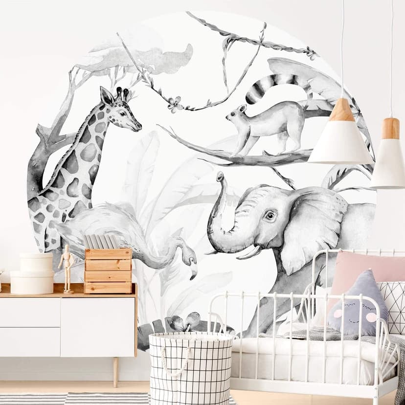 Fotomural Kvilis - amigos animales en la selva - blanco y negro - Redondo - Papel pintado autoadhesi