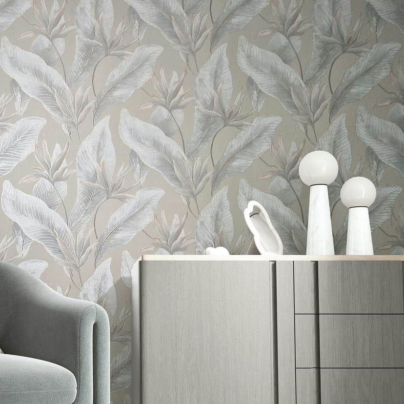 Papel pintado no tejido flores, hojas naturaleza floral en beige