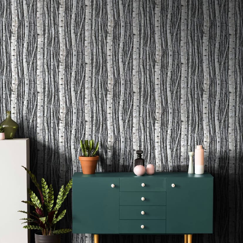 Papel pintado no tejido con bosques y hayas gris, azul floral