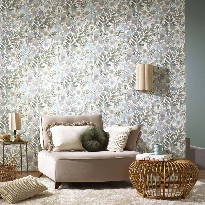 Papel pintado no tejido, papel pintado motivo hoja Secret Garden turquesa