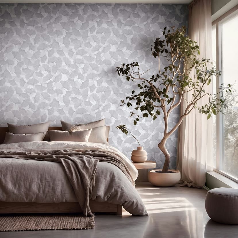 Papel pintado no tejido 3D, hojas naturaleza floral mate en gris