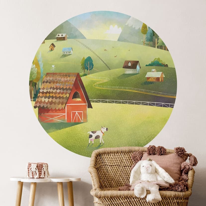 Vinilo decorativo granja de colores en las montañas - DigitalArtsi - Redondo