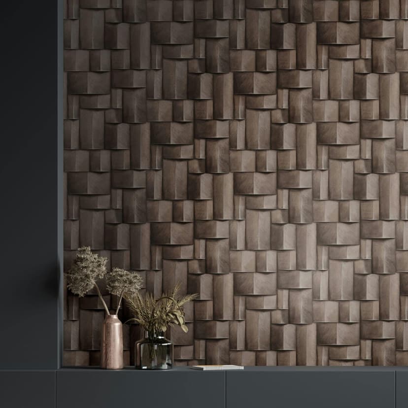 Papel pintado no tejido con motivo de madera geométrica gris, marrón aspecto 3D