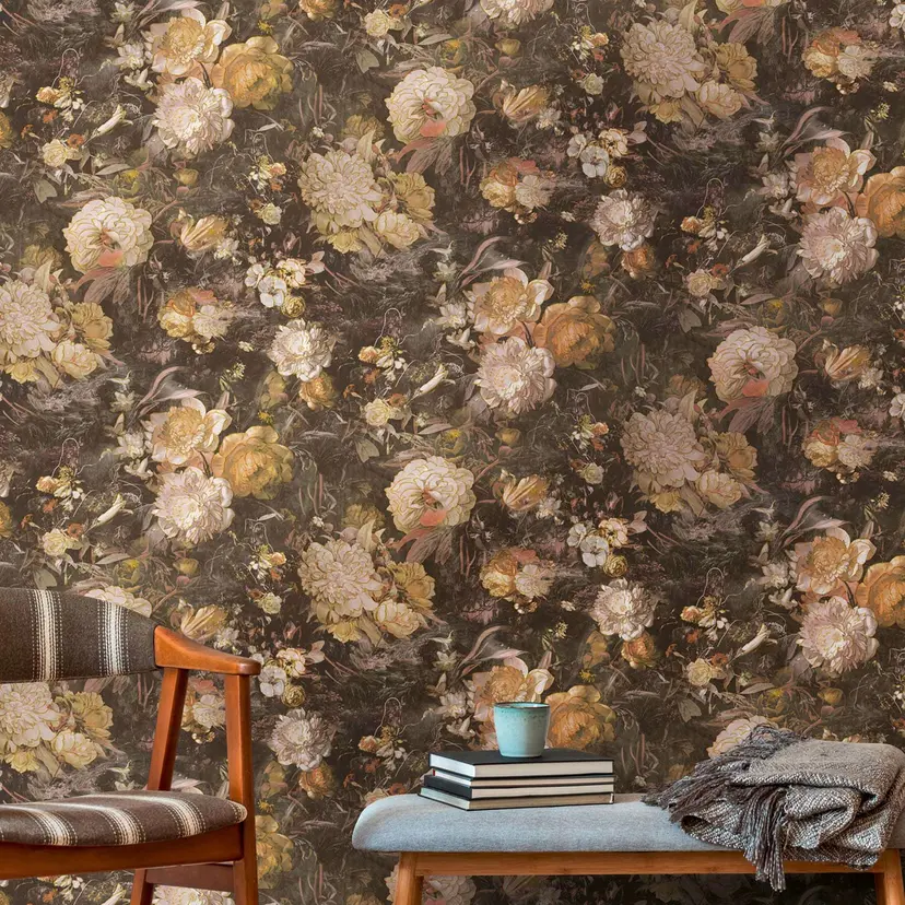 Papel pintado no tejido amarillo floral vintage para dormitorio
