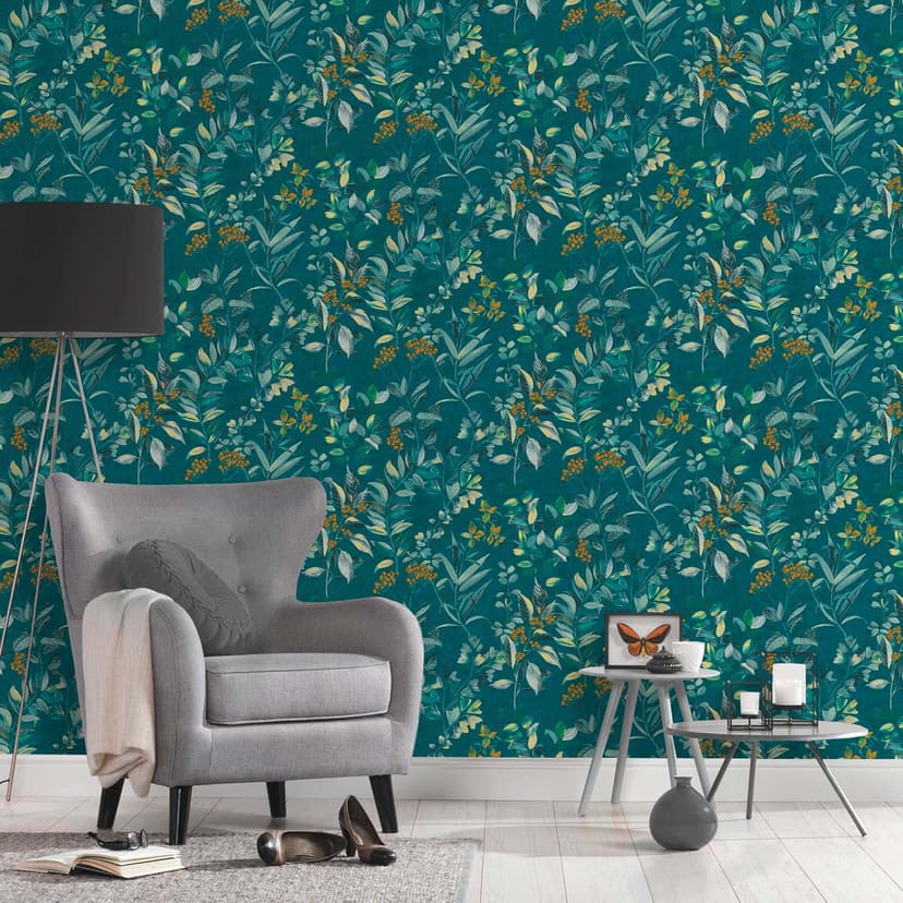 Papel pintado Floral con flores azul colorido - Papel pintado no tejido estilo acuarela floral