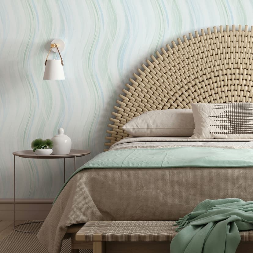 Papel pintado no tejido ondas, rayas gráfico moderno mate en blanco verde azul
