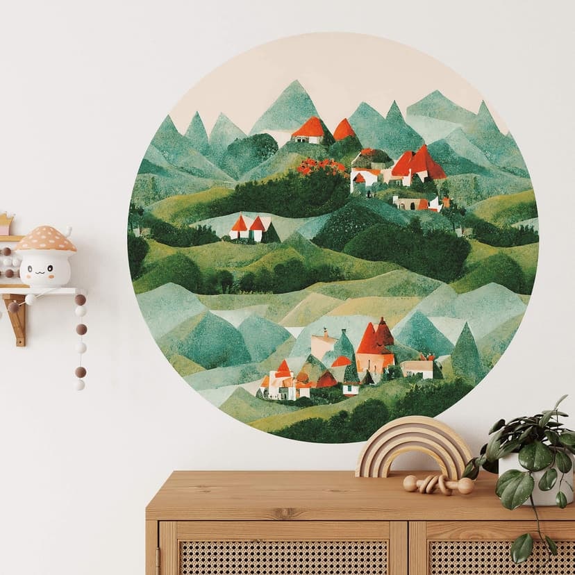 Vinilo decorativo infantil Treechild - Pequeño pueblo entre verdes colinas - Redondo
