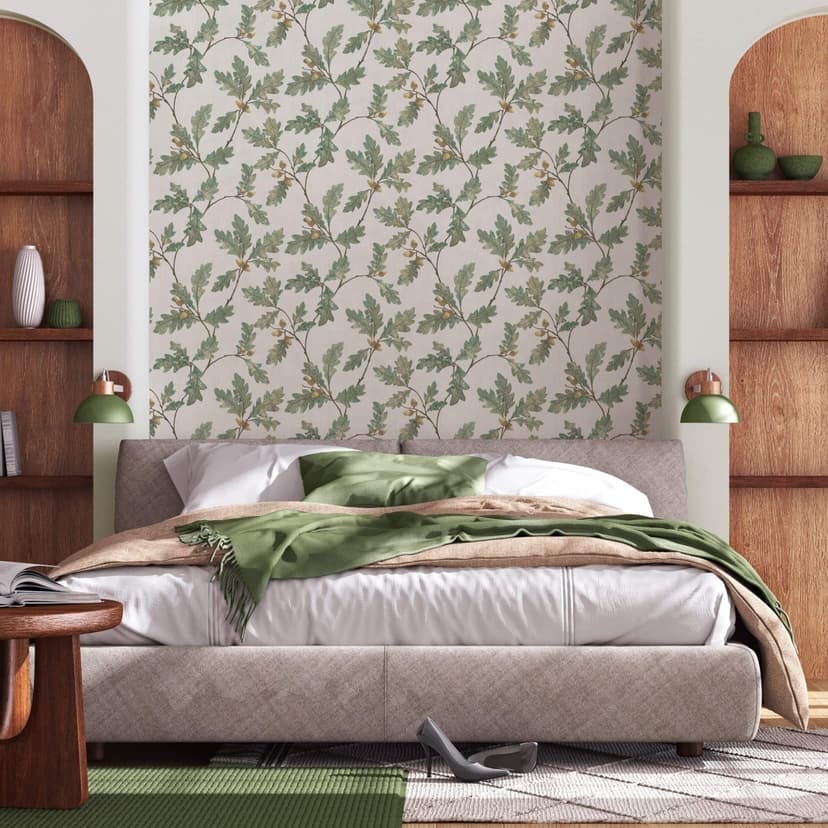 Papel pintado no tejido con motivo de hojas con castañas gris, verde floral