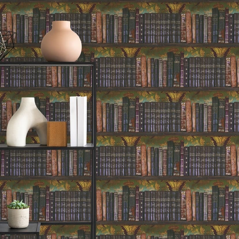 Papel pintado no tejido estantería vintage con libros antiguos y fondo ornamental