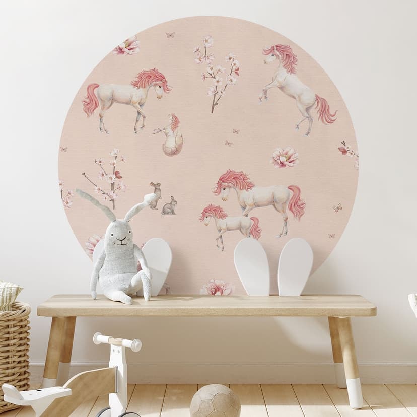 Vinilo decorativo de unicornios encantados con flores de cerezo - Kikki Belle - Redondo