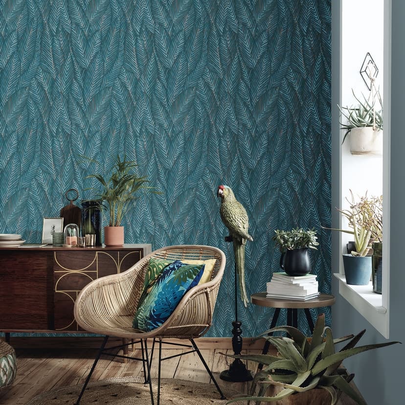 Papel pintado de hojas, papel pintado estampado, papel pintado no tejido Erismann Martinique azul