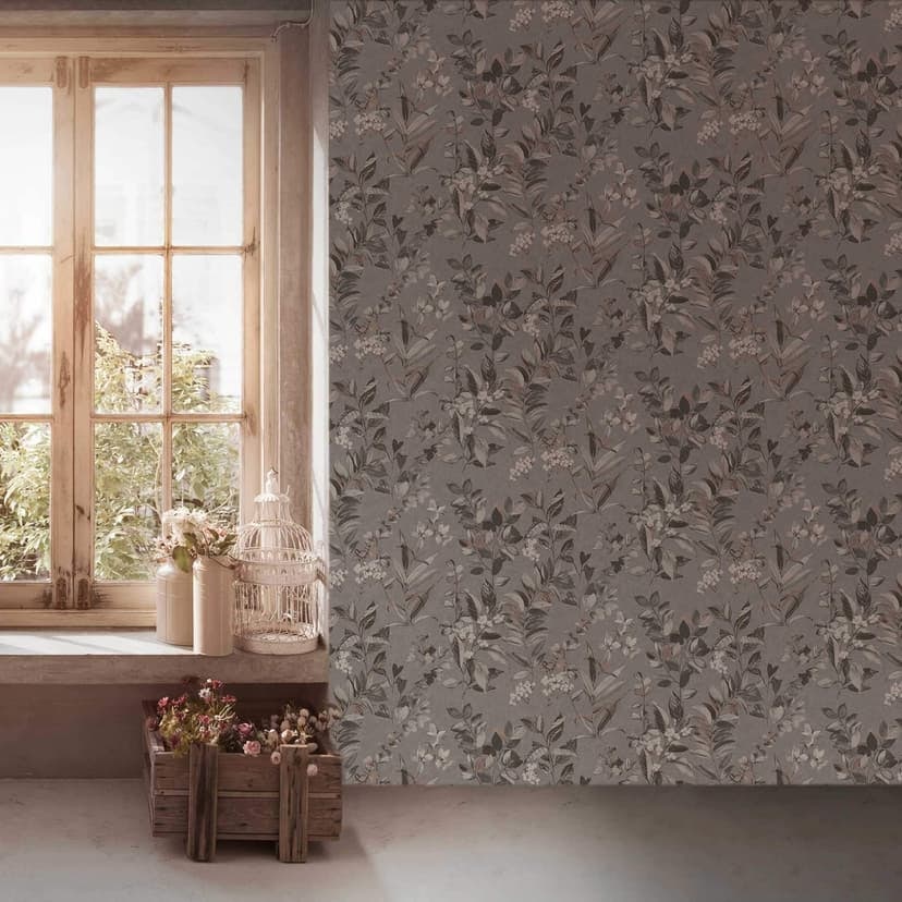 Papel pintado Floral con flores gris blanco - Papel pintado no tejido estilo acuarela floral