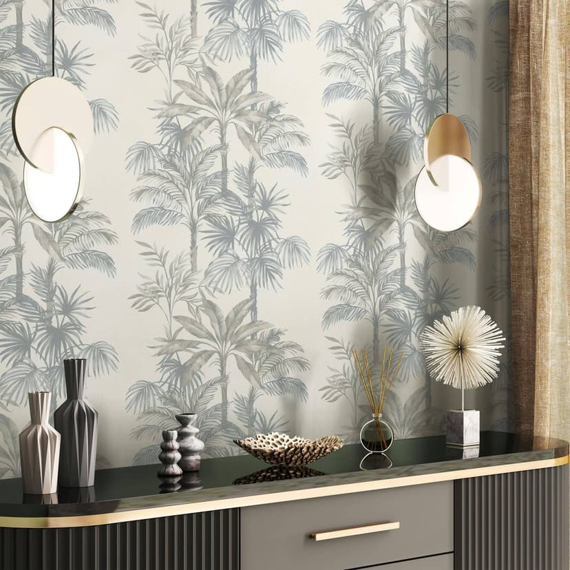 Papel pintado no tejido de color beige árboles hojas selva naturaleza floral