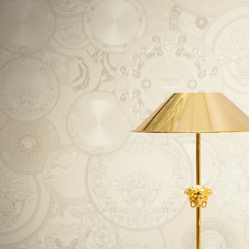 Papel pintado no tejido Versace Art De La Table Circles Floral Meander Medusa Beige Metalizado