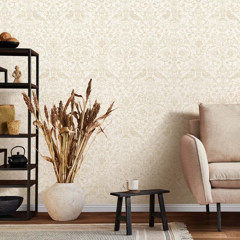 Papel pintado no tejido pájaros, flores naturaleza floral en gris