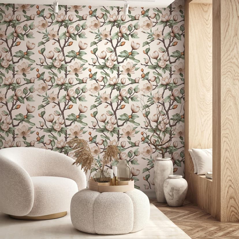 Papel pintado no tejido ramas, flores naturaleza floral mate en beige marrón verde