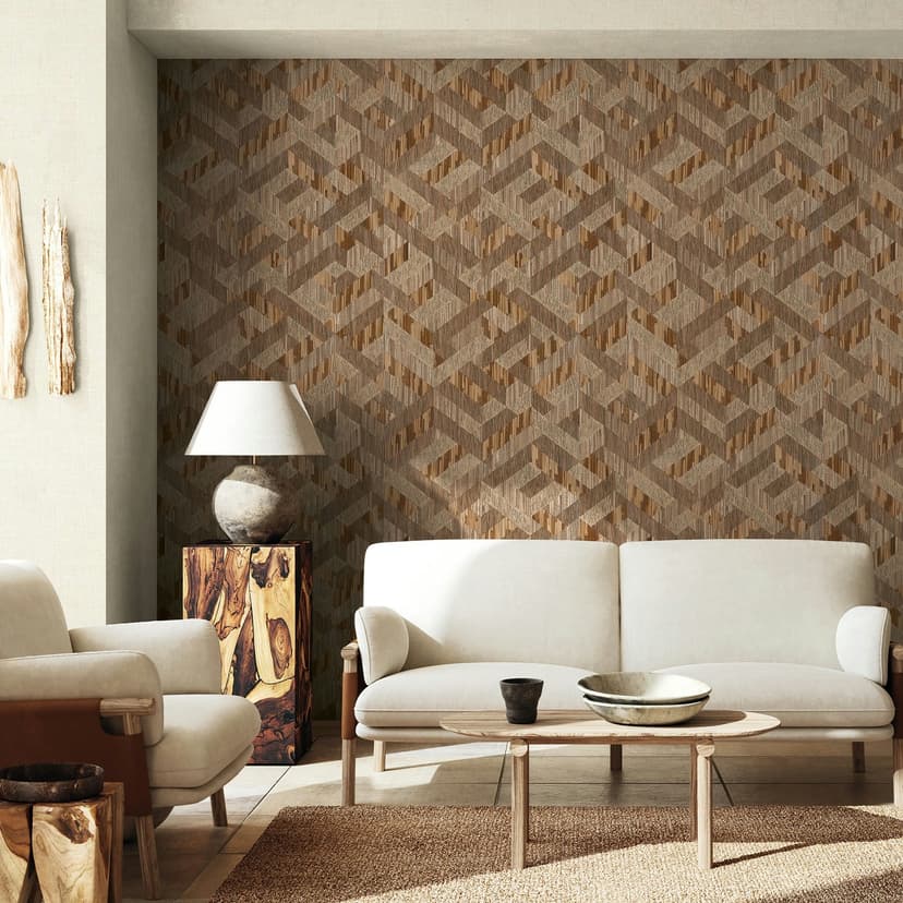 Papel pintado no tejido efecto madera 3D casa de campo mate en beige marrón