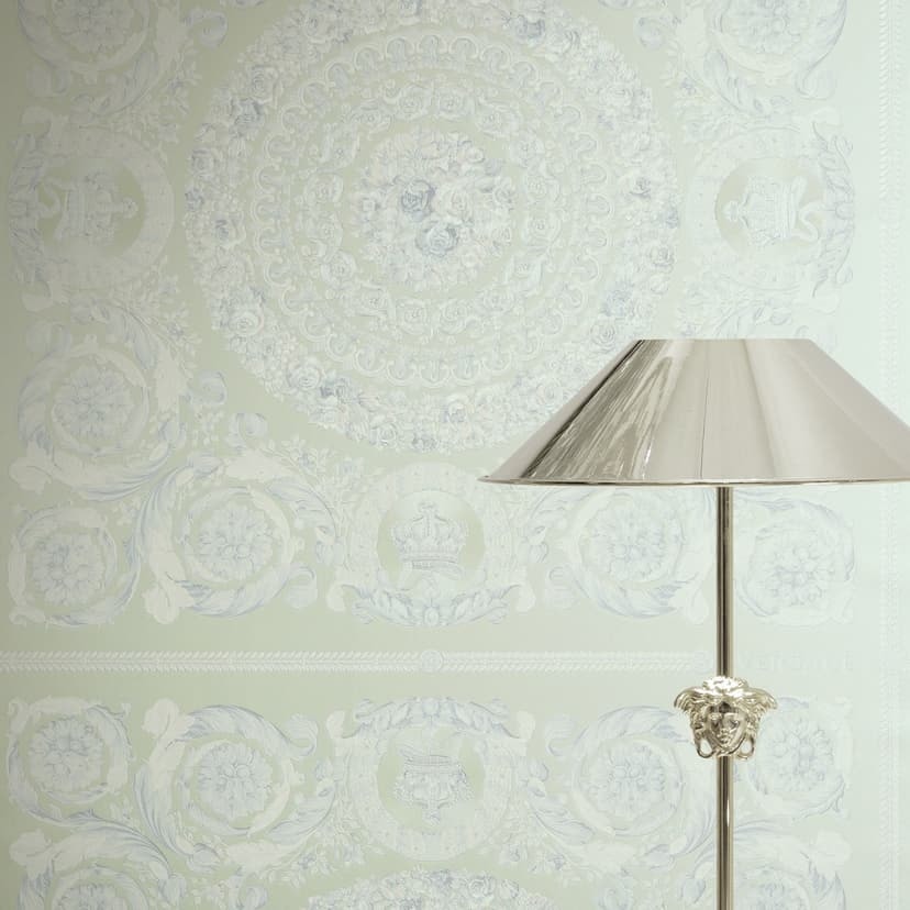 Versace Papel pintado no tejido Heritage Baroque Medallion Floral Verde Blanco Azul lujoso