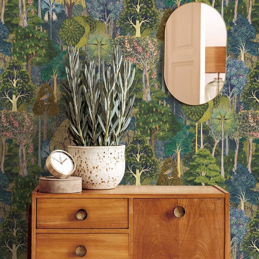 Papel pintado no tejido bosque, árboles naturaleza floral en verde