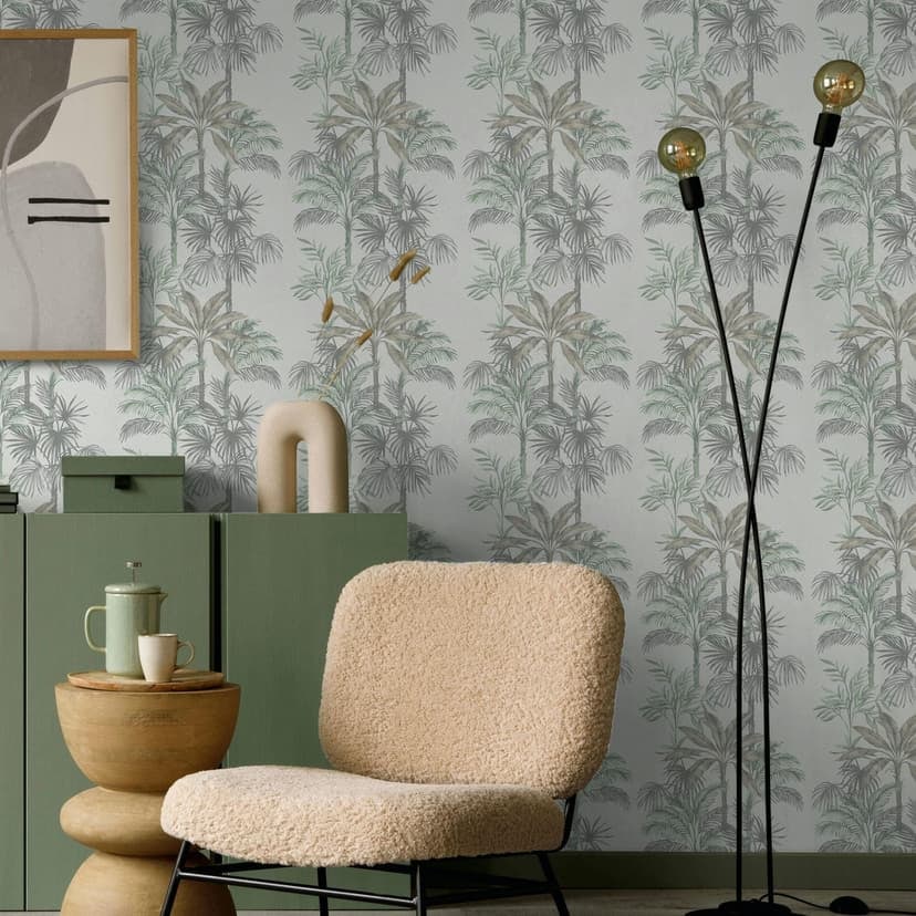 Papel pintado no tejido en gris verde árboles hojas selva naturaleza floral