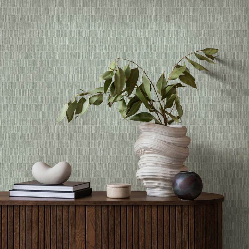 Papel pintado no tejido con motivo de baldosas texturadas de aspecto textil verde