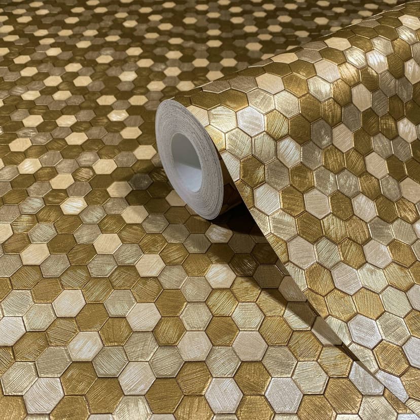 Papel pintado no tejido hexagonal, azulejo metálico aspecto moderno, geométrico brillante en oro
