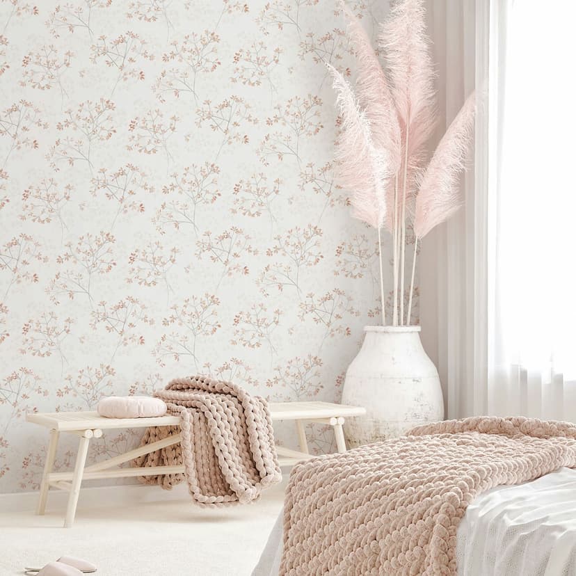 Papel pintado no tejido hojas naturaleza floral mate en blanco rojo