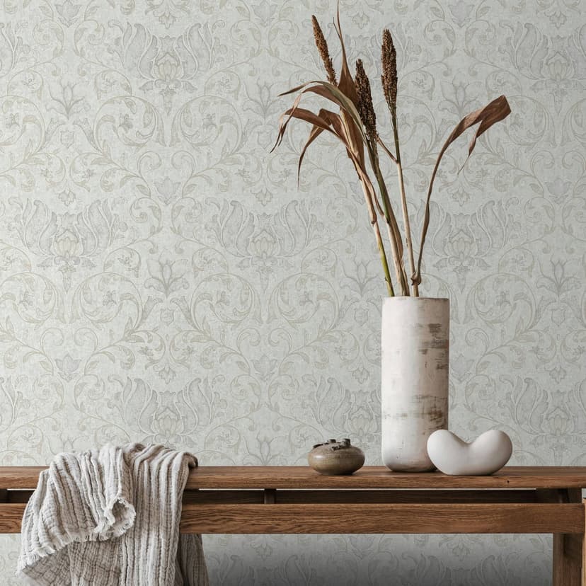 Papel pintado no tejido con flores, hojas ornamentales blanco brillante, gris floral